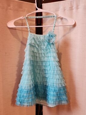 Aqua Layered Ruffle Dress with Flower Accent